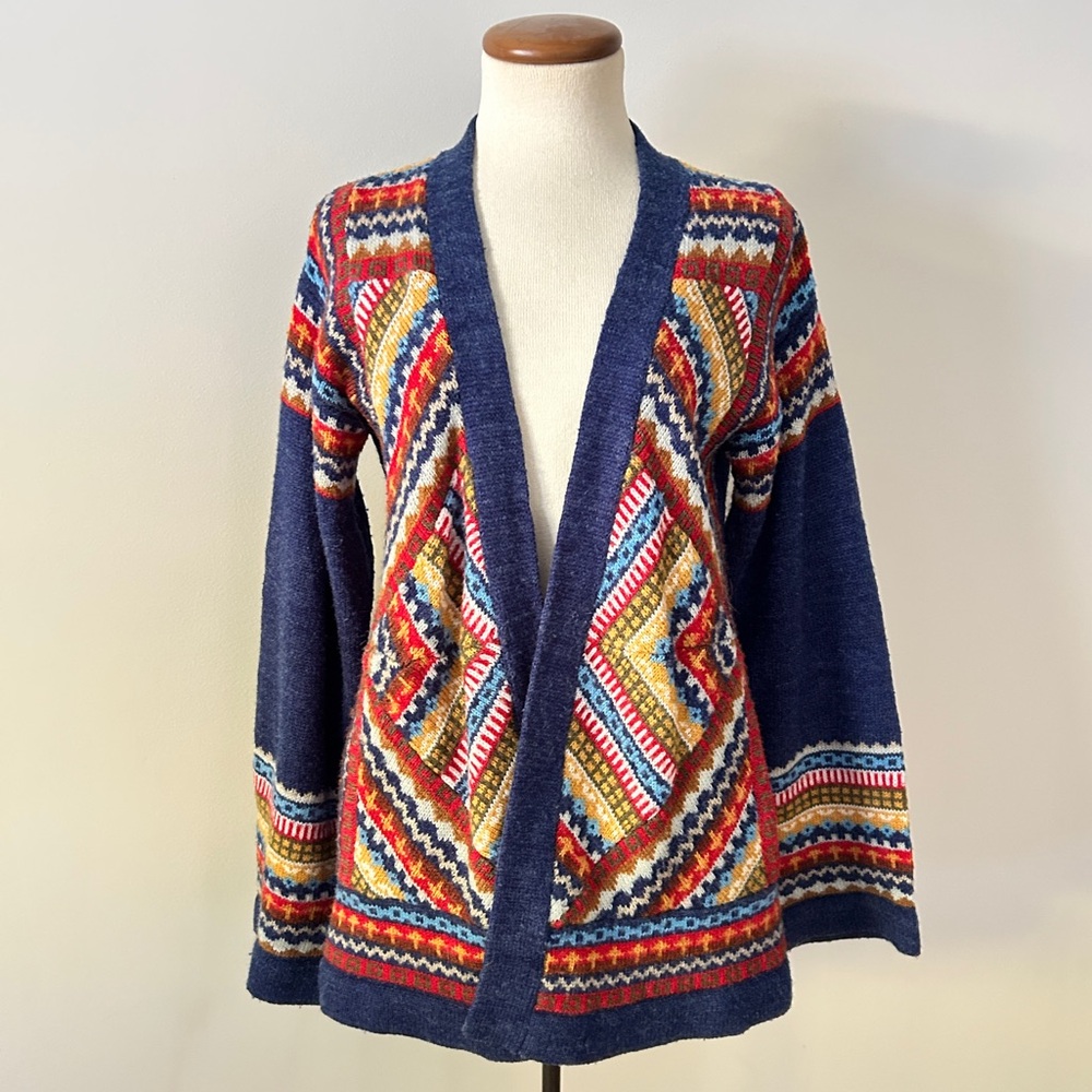 Vintage geometric knit open cardigan dark blue multicolor boho hippie Medium vtg